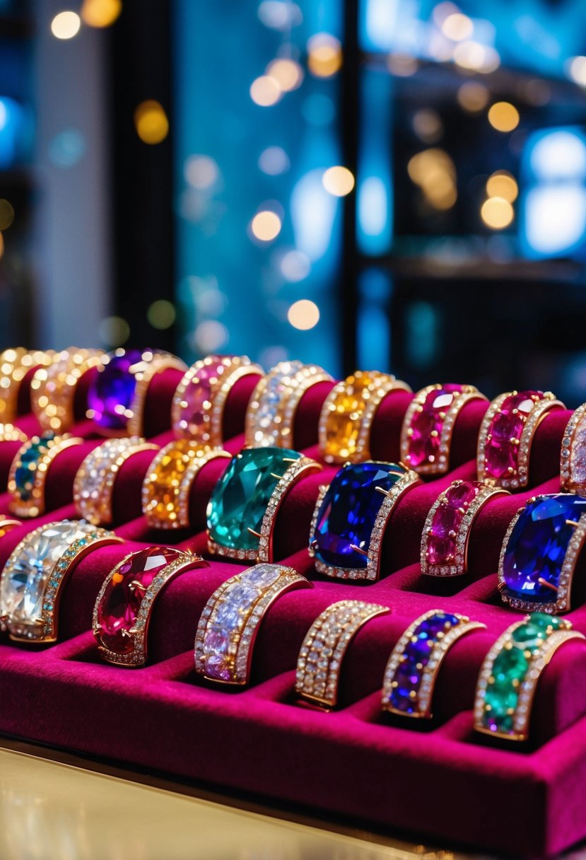 A sparkling array of vibrant gemstone jewelry arranged on a velvet display, catching the light and creating a bold and luxurious statement