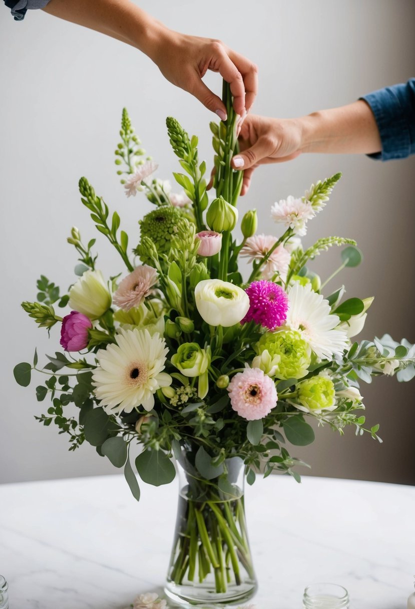 Fresh flowers arranged in a vase, being gently turned and adjusted as they are assembled into a beautiful DIY wedding bouquet