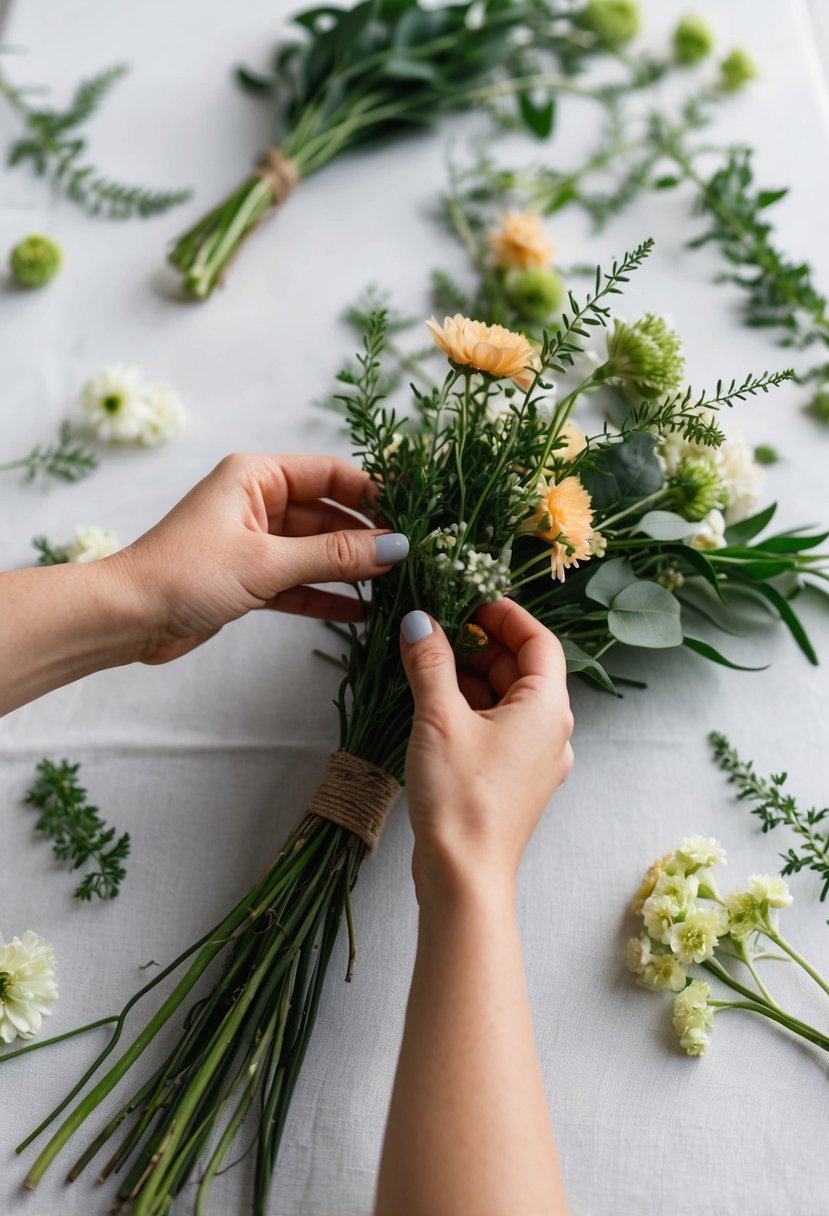 A table with scattered flowers and greenery, some stems held in hand, as others are carefully added to a half-finished bouquet