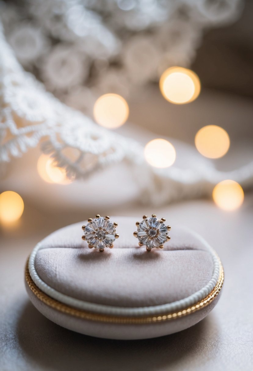 A delicate pair of stud earrings resting on a velvet cushion, surrounded by soft lighting and a hint of lace in the background