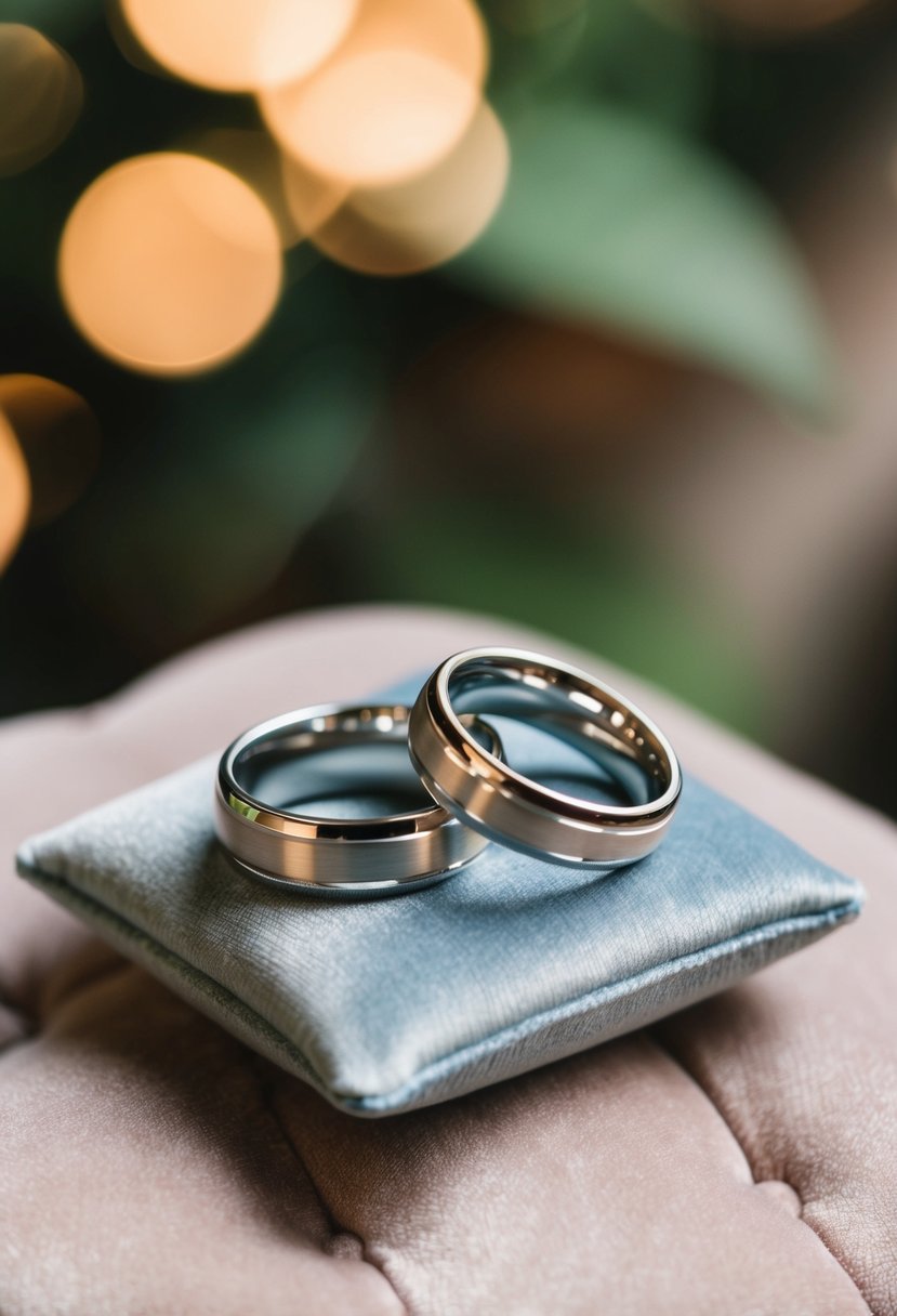 Two elegant, interlocking wedding rings resting on a soft velvet cushion