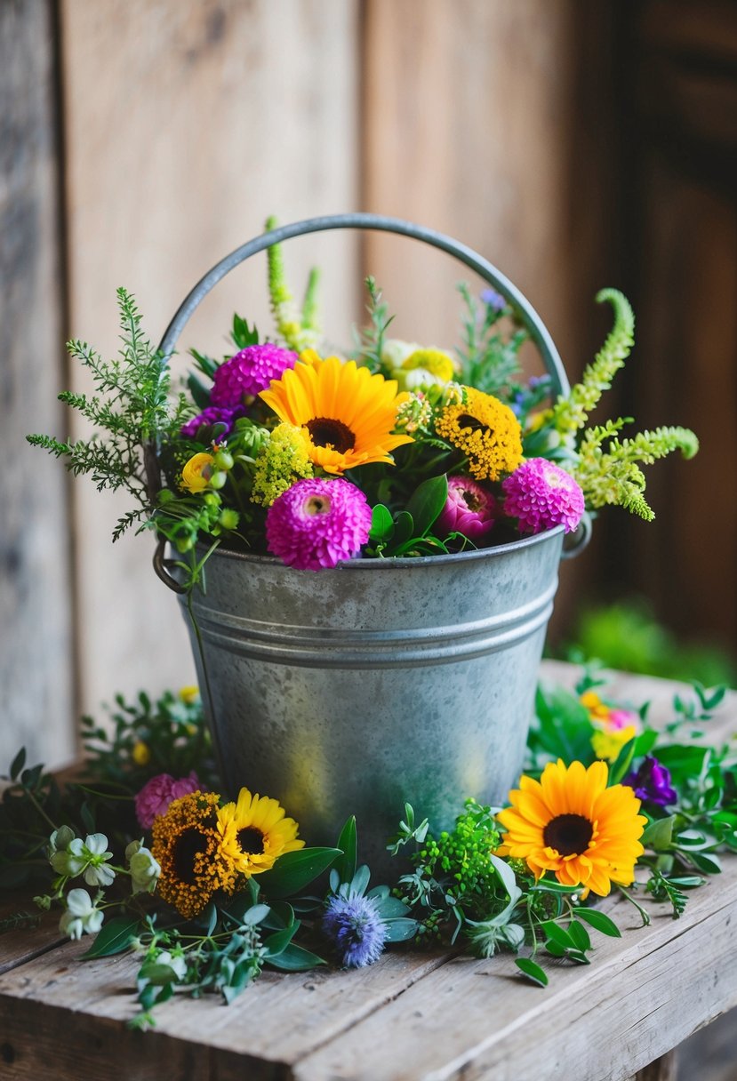 A rustic metal bucket filled with water, surrounded by colorful flowers and greenery, ready to be arranged into a DIY wedding bouquet