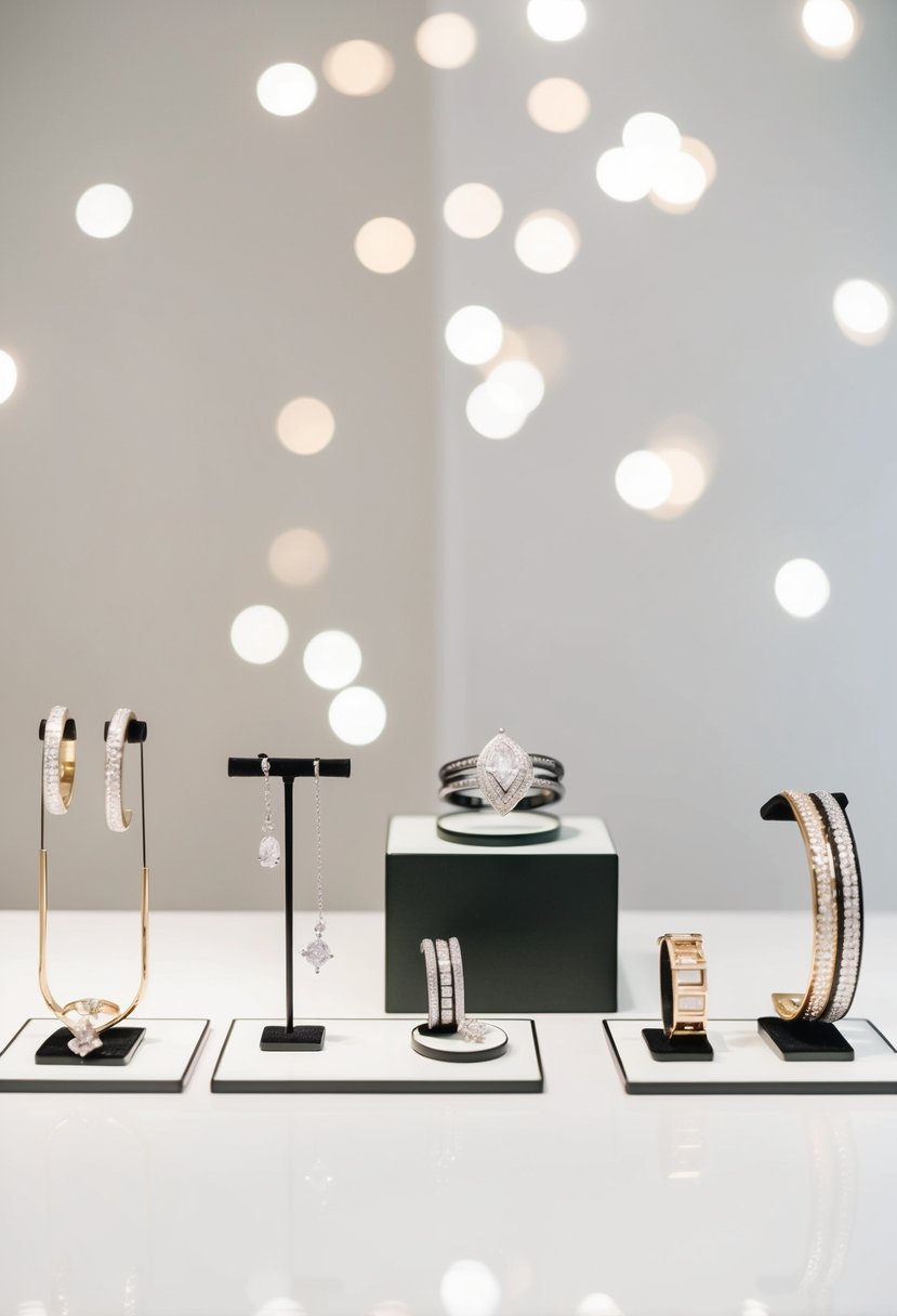 A sleek display of mixed metal wedding jewelry on a minimalist white background