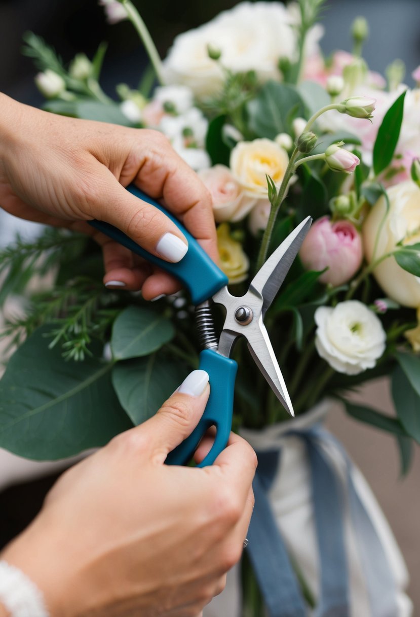 A pair of hands using sharp floral snips to trim stems for a DIY wedding bouquet