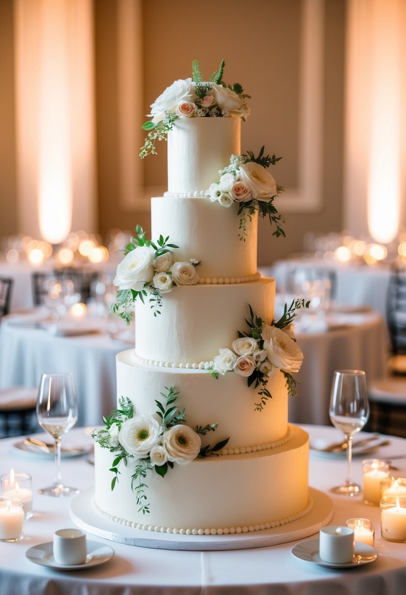 A three-tier wedding cake adorned with cascading flowers and intricate piping, set against a backdrop of elegant table settings and soft candlelight