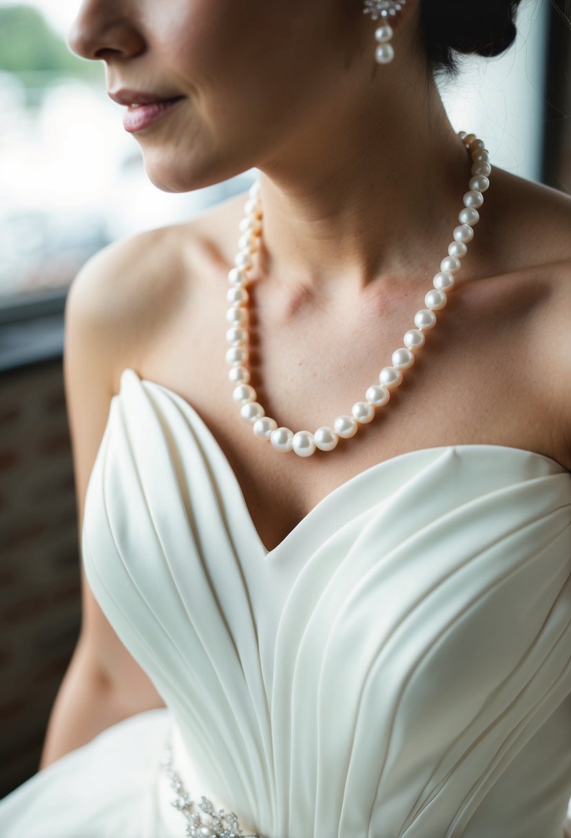 A delicate pearl necklace and matching earrings complement a flowing wedding gown