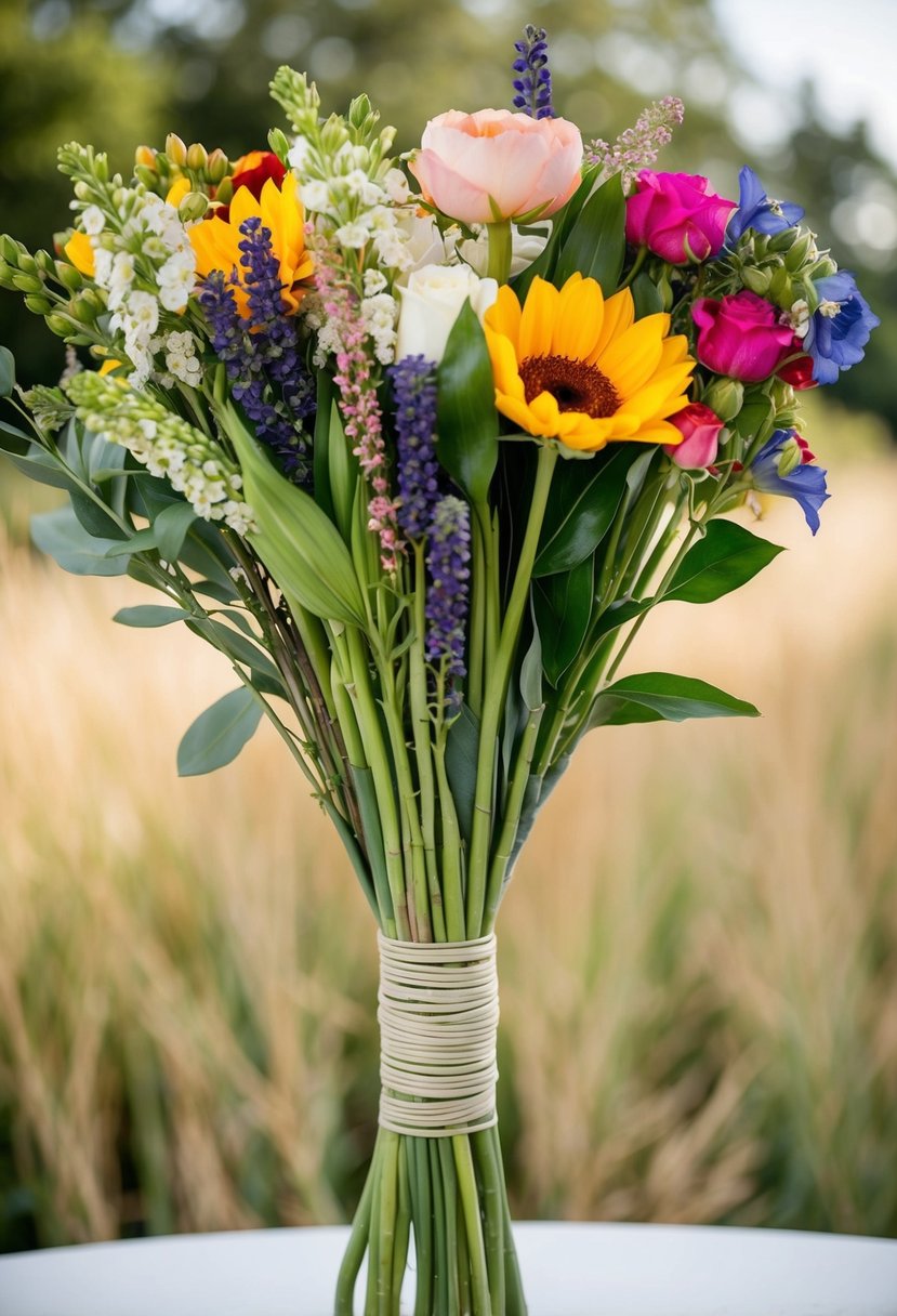 Stems bundled with rubber bands, assorted flowers arranged in a wedding bouquet