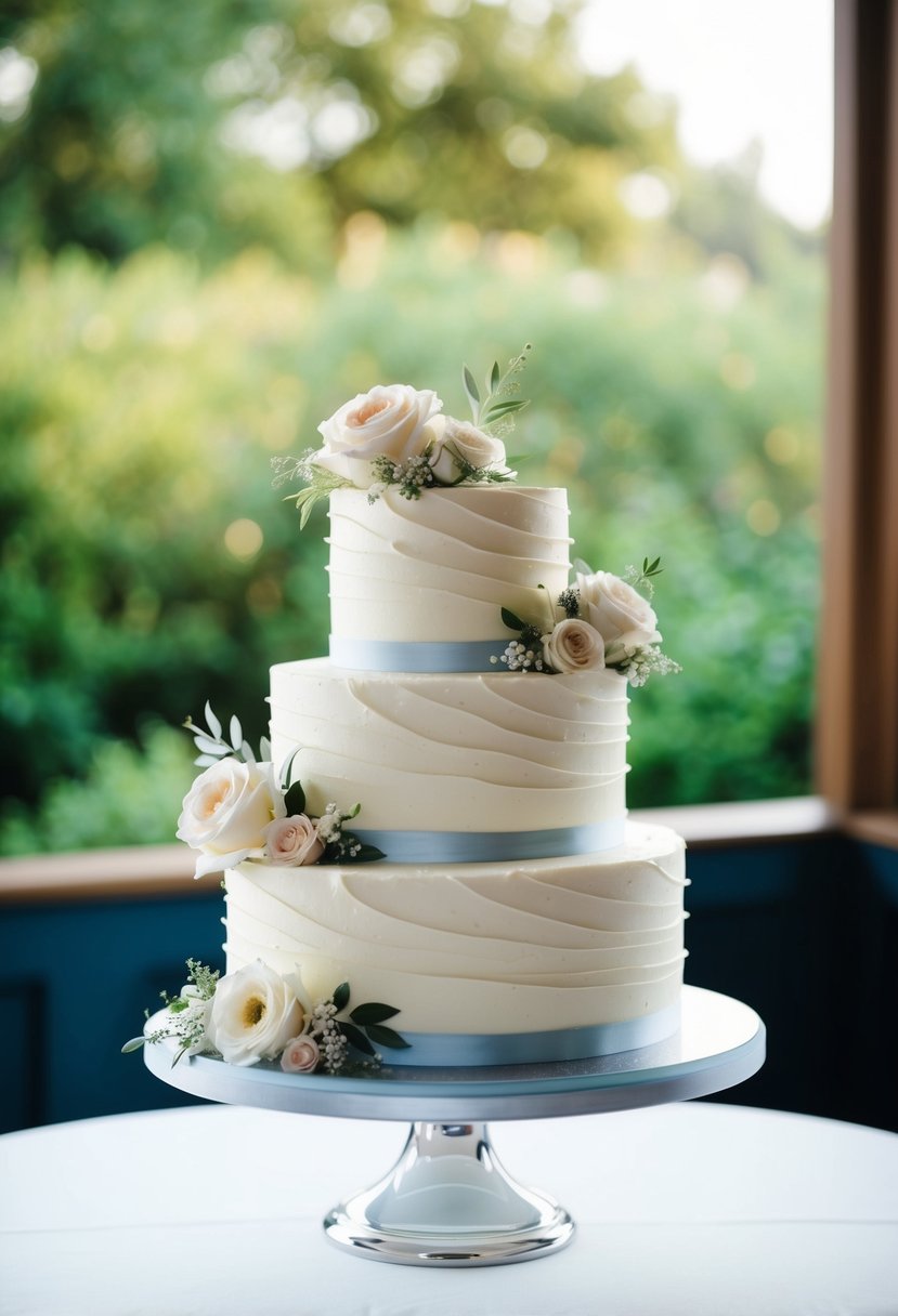 A three-tiered wedding cake with elegant buttercream swirls and delicate floral accents sits on a silver pedestal stand