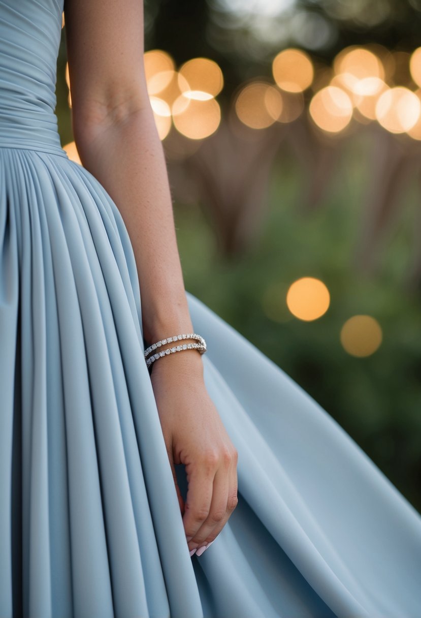 A slim bracelet rests on a draped long-sleeve gown