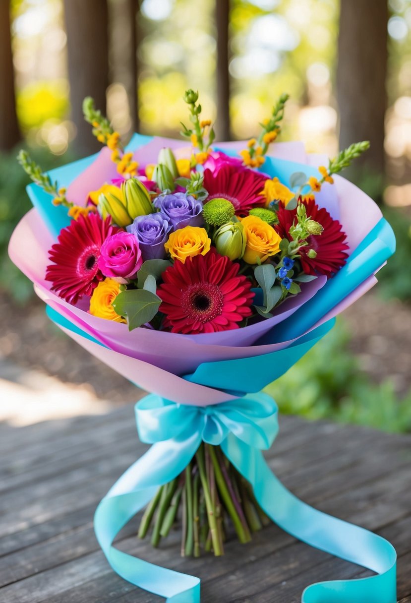 A colorful bouquet of flowers wrapped with a flowing ribbon