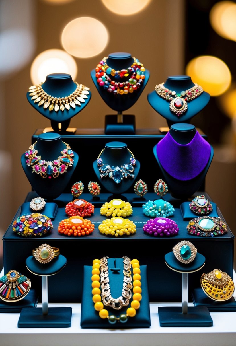 A collection of vibrant, eclectic jewelry pieces arranged on a sleek, modern display stand, each reflecting a different aspect of individuality and style