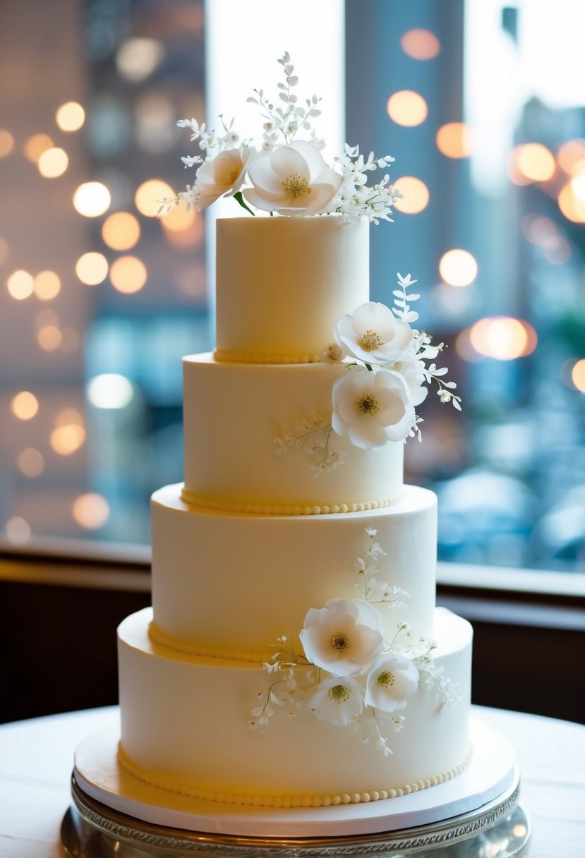 An elegant three-tier wedding cake adorned with delicate sugar flowers