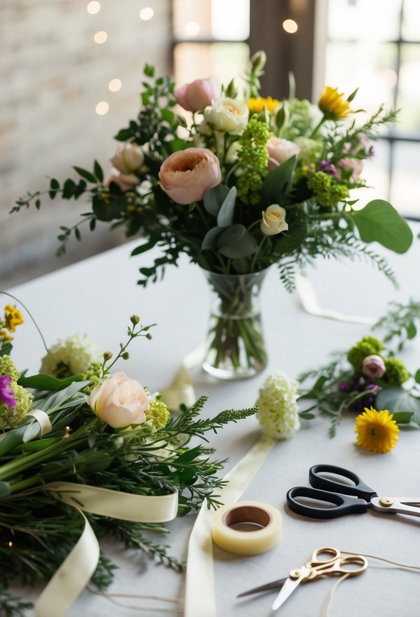 A table with assorted flowers, greenery, and ribbon. A pair of scissors, floral tape, and wire are nearby