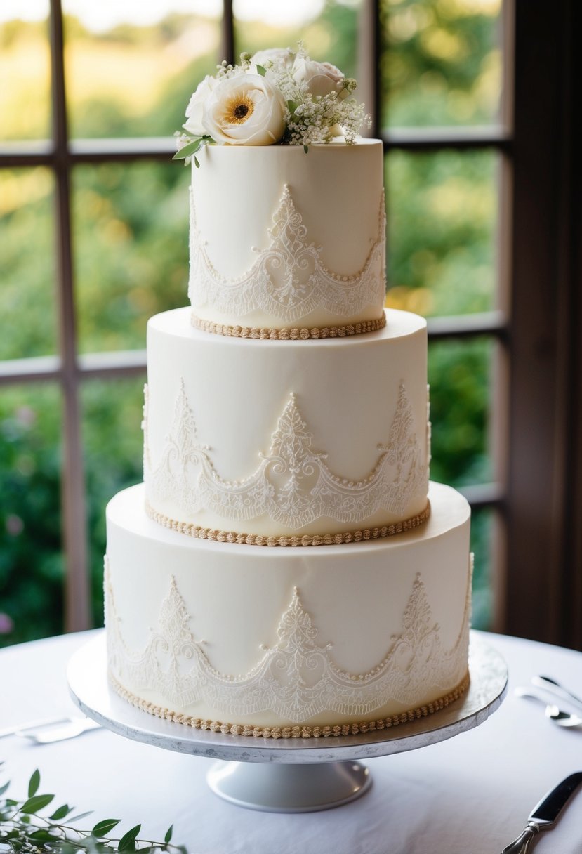 A three-tier wedding cake adorned with vintage-inspired lace and delicate details