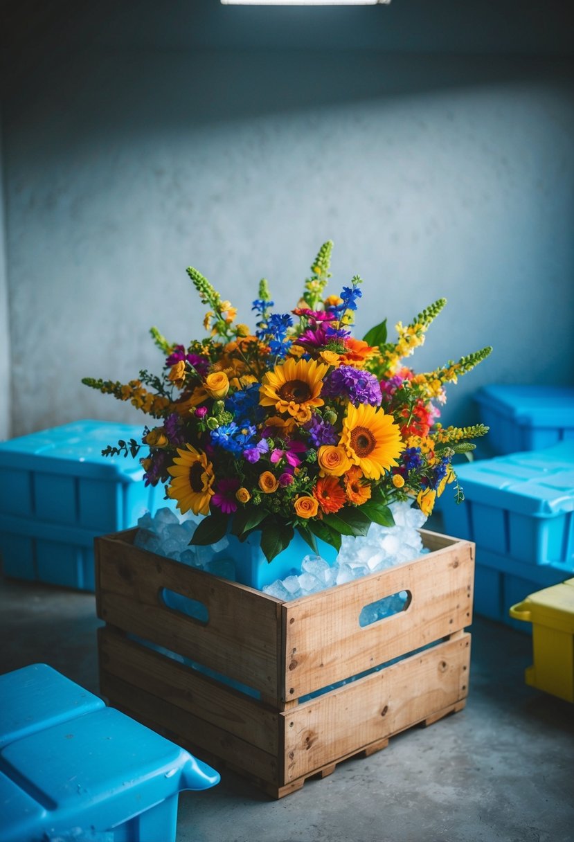 A bouquet of colorful flowers sits in a rustic wooden crate, surrounded by ice packs, in a dimly lit, cool storage room