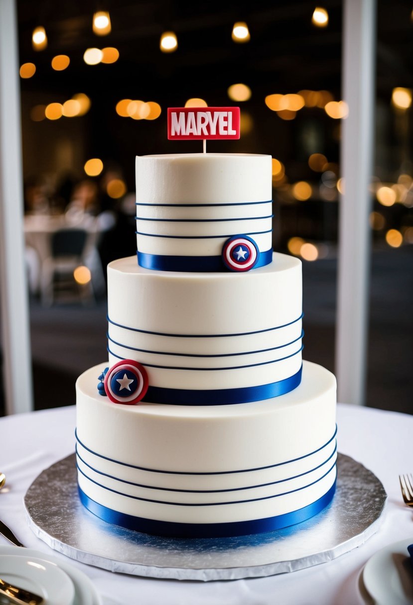 A three-tiered wedding cake with clean lines and white fondant, adorned with minimalist Marvel-themed accents