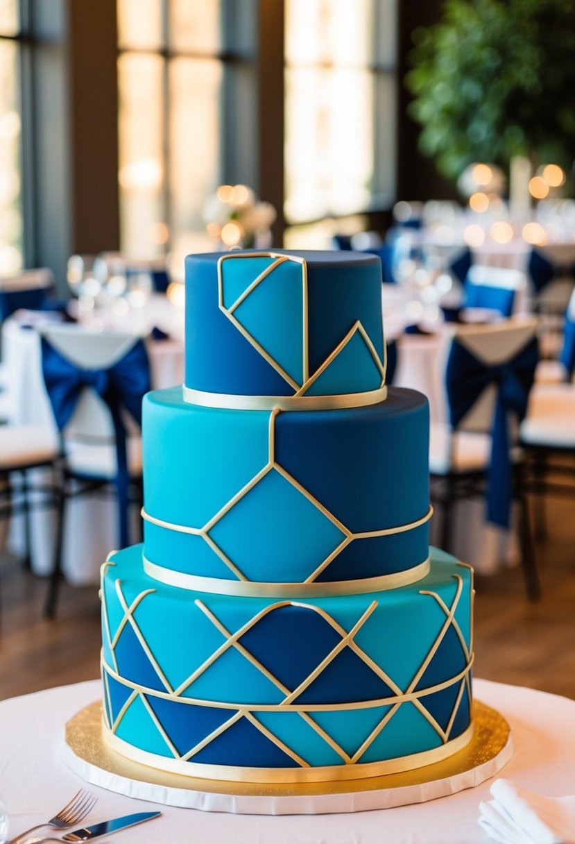 A three-tier wedding cake with modern geometric patterns in varying shades of blue and gold