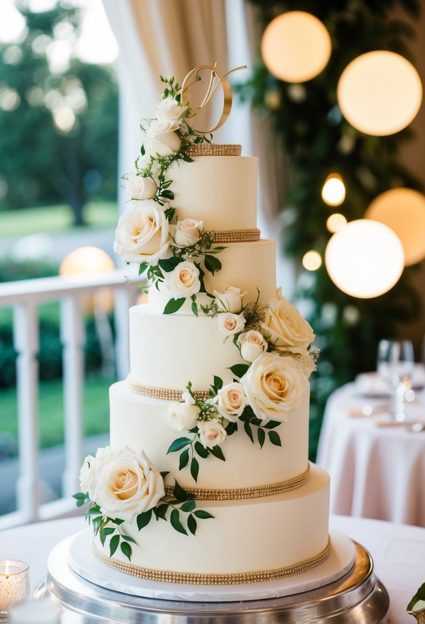 A three-tier wedding cake adorned with cascading roses in a romantic setting