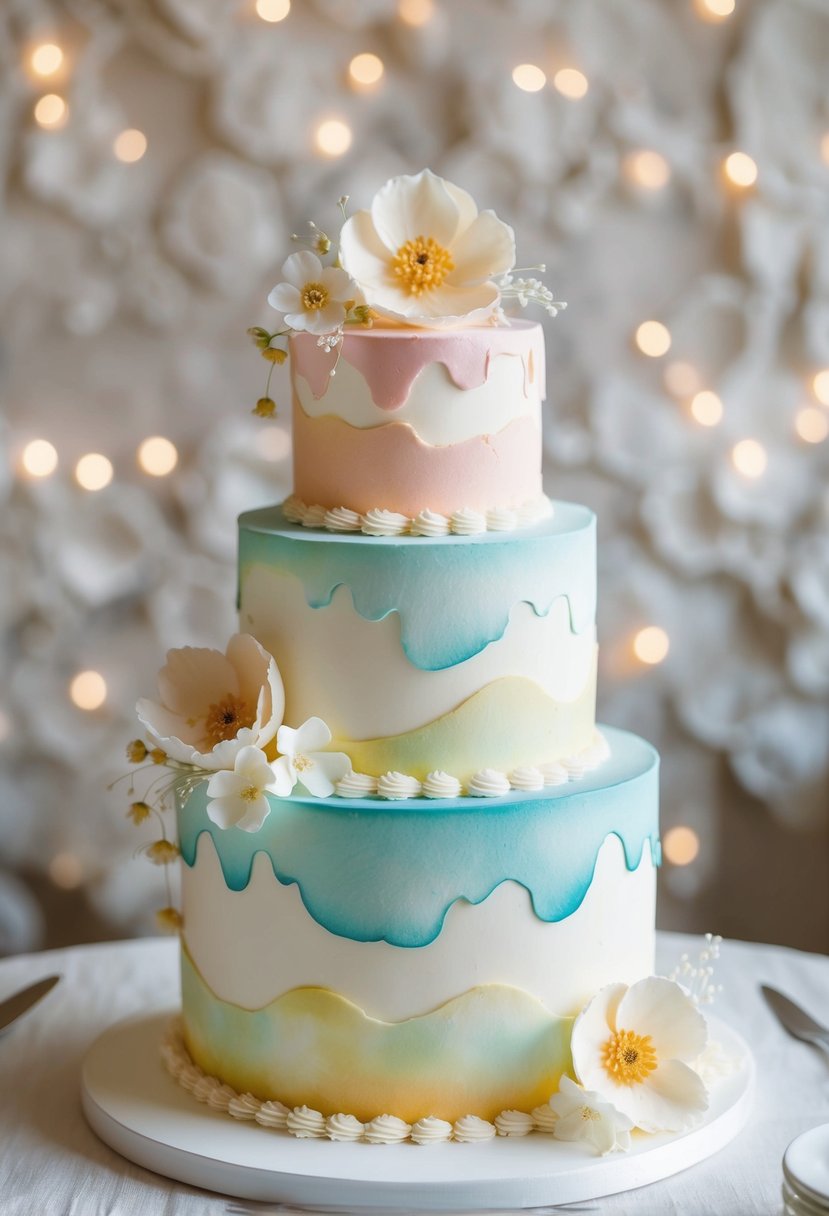 A three-tier wedding cake decorated with whimsical watercolor effects in soft pastel colors, adorned with delicate sugar flowers and intricate piping details