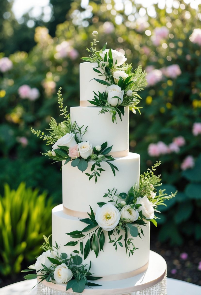 A three-tier wedding cake adorned with lush greenery and delicate flowers, set against a garden backdrop with blooming plants and foliage