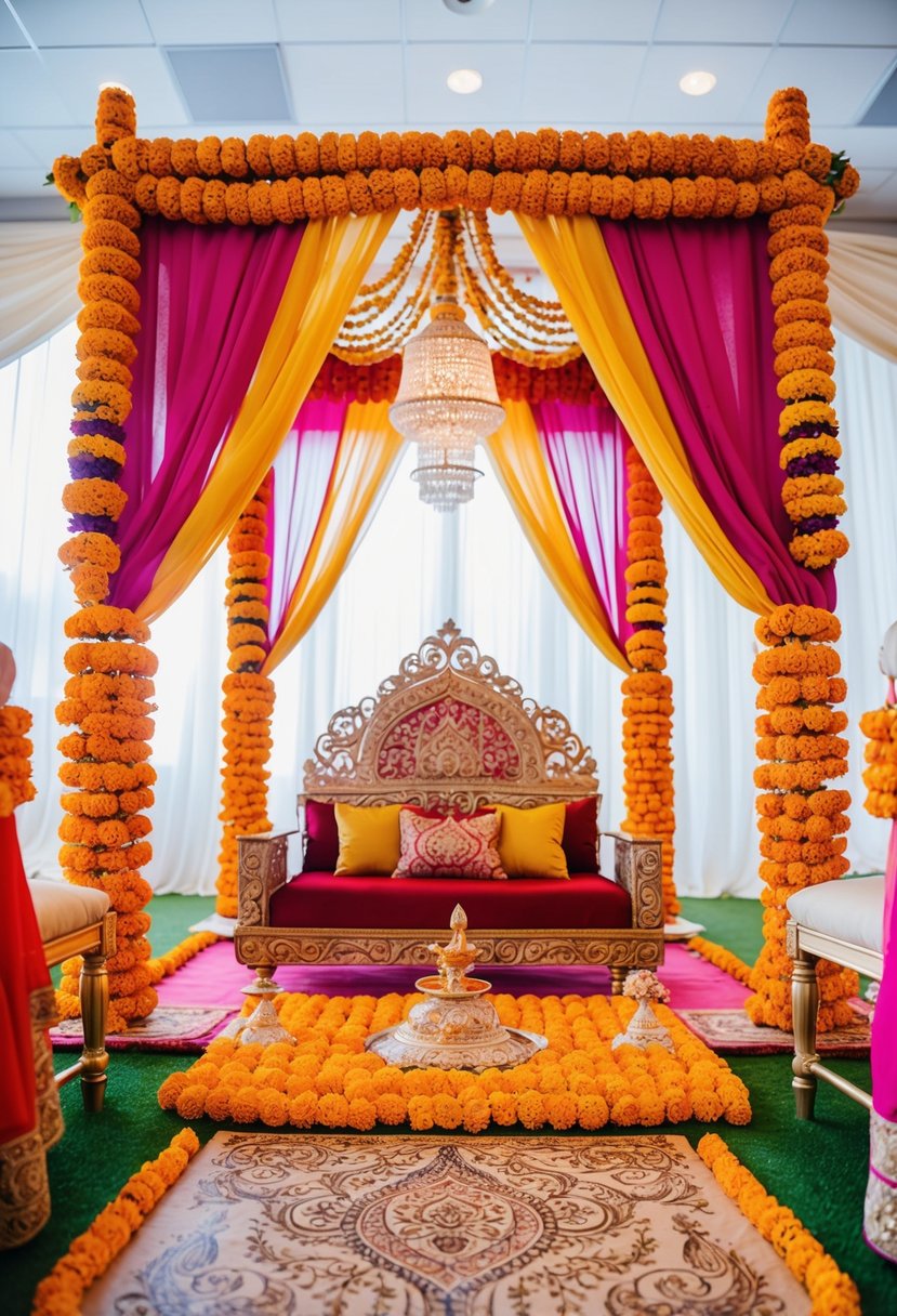 A vibrant mandap adorned with marigold garlands and intricate henna designs on the floor. Richly colored fabric drapes and ornate floral arrangements complete the traditional Indian wedding setting