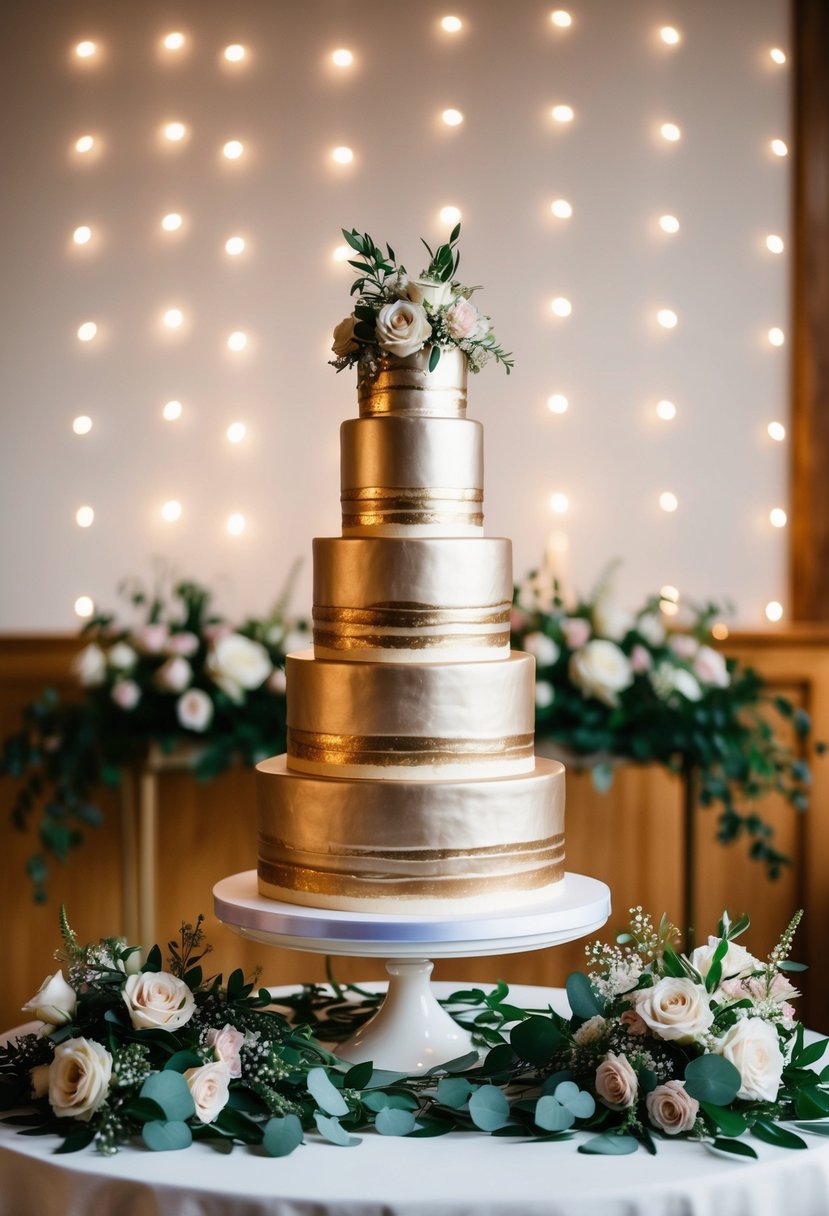 A three-tier wedding cake with bold metallic highlights stands on a decorated table, surrounded by elegant floral arrangements and twinkling fairy lights