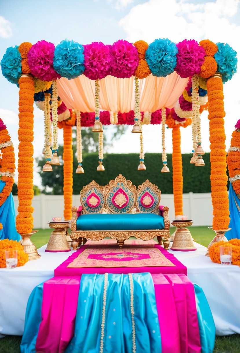 A colorful Indian wedding mandap with vibrant pink, orange, and blue floral decorations