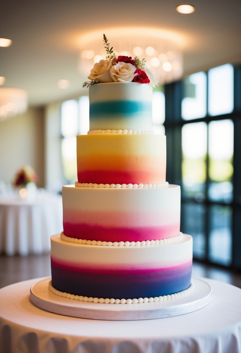 A three-tier wedding cake with a statement ombre gradient