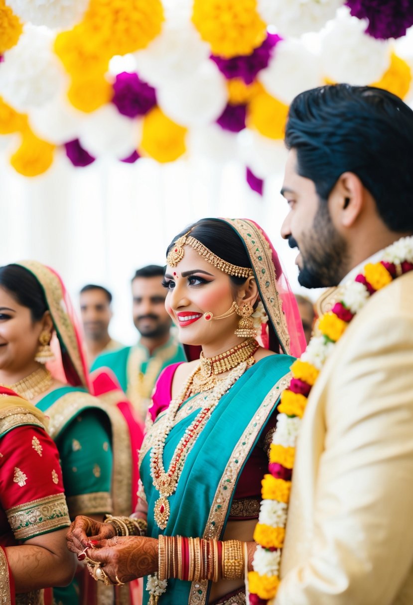 A colorful Indian wedding scene with vibrant traditional clothing and intricate jewelry, avoiding the use of white or black attire