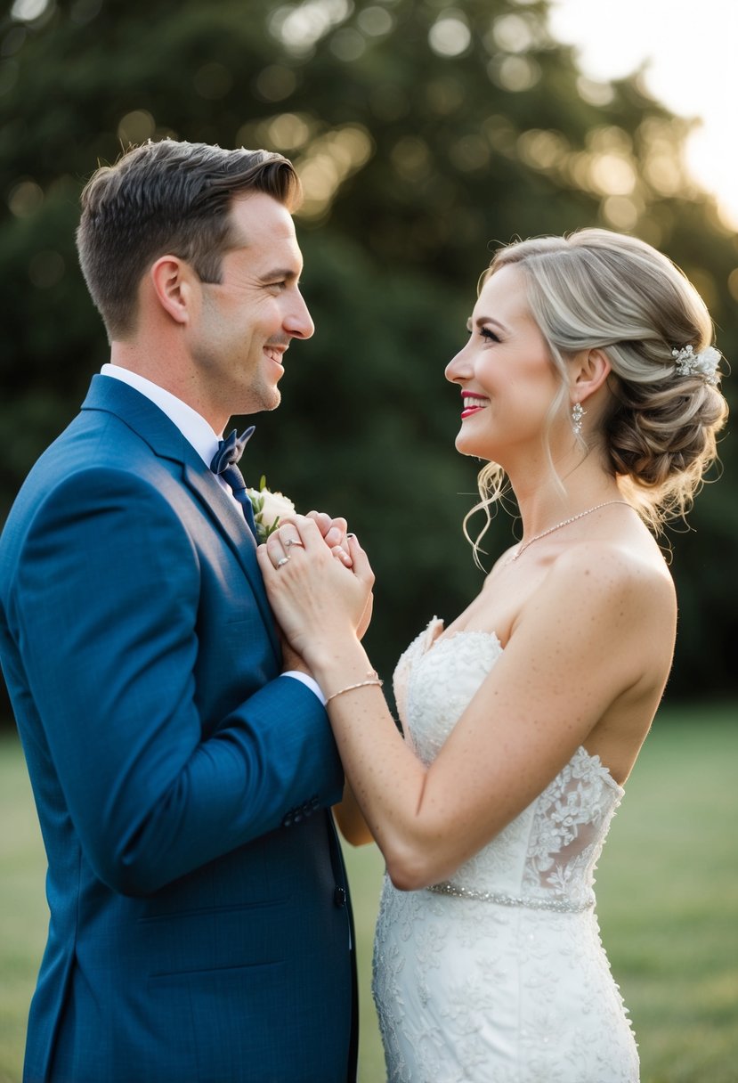 A bride and groom standing close, facing each other with their hands gently touching, smiling and looking into each other's eyes