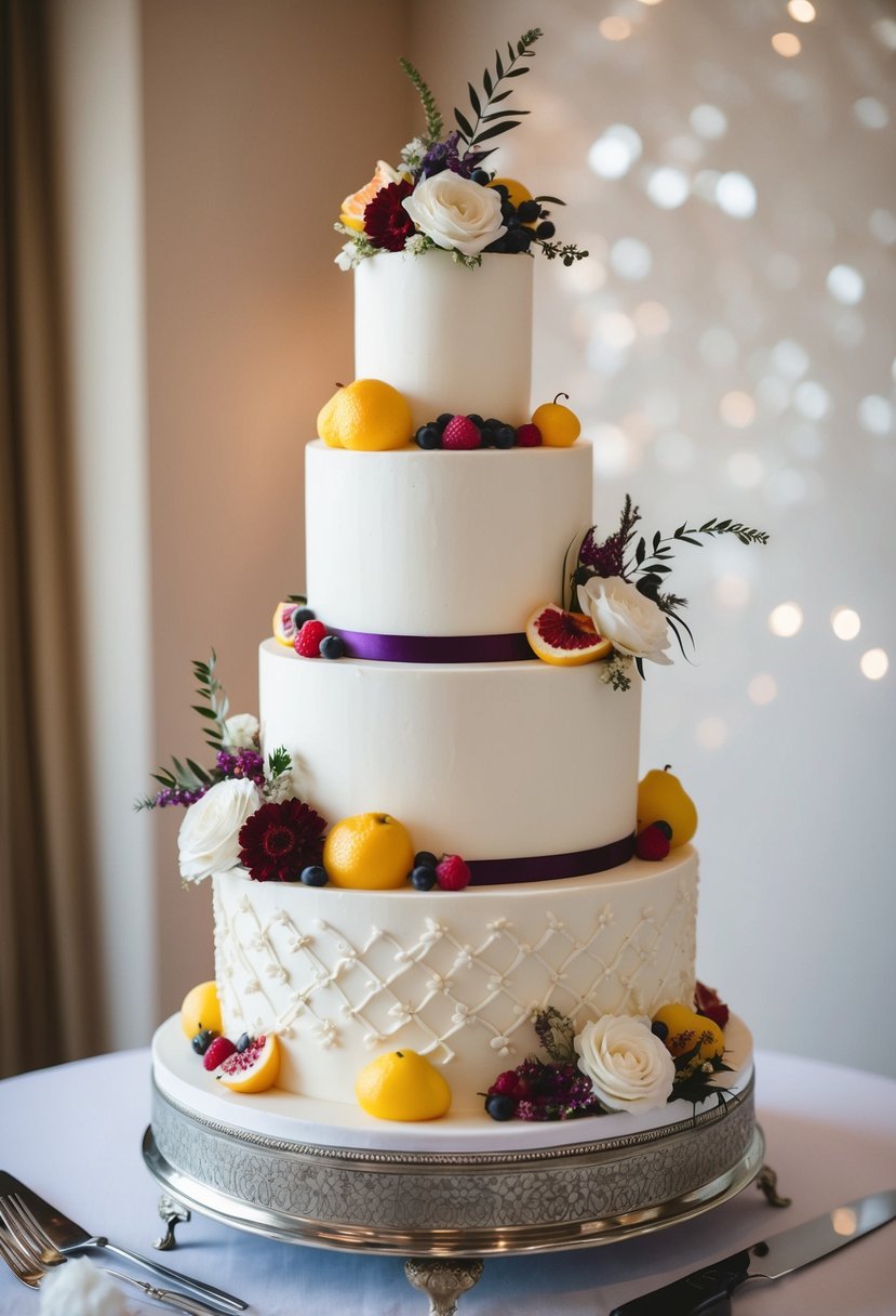 A three-tiered wedding cake adorned with traditional fruit and a modern twist, featuring intricate icing designs and elegant floral accents