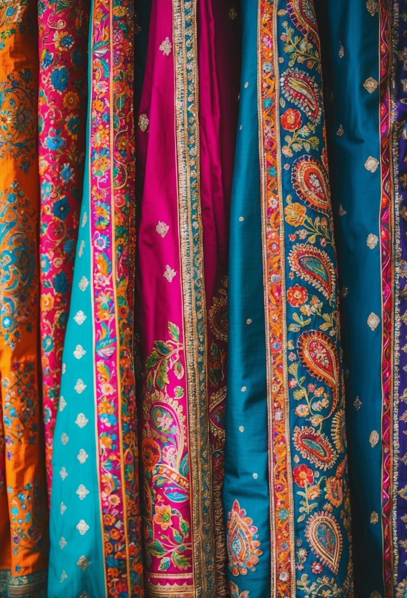 A vibrant mix of intricate paisley, floral, and geometric patterns adorns the richly colored fabrics of traditional Indian wedding attire. Rich textures and bold colors create a visually stunning display