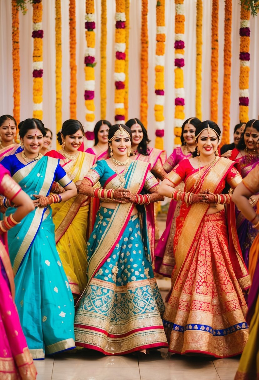 A group of women in colorful lehengas and sarees dance at an Indian wedding, surrounded by vibrant flowers and traditional decorations