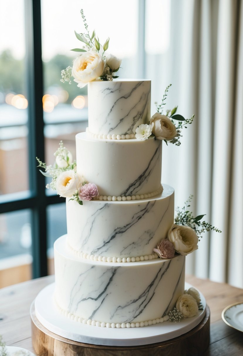 A three-tier wedding cake with chic marble icing, adorned with delicate floral accents