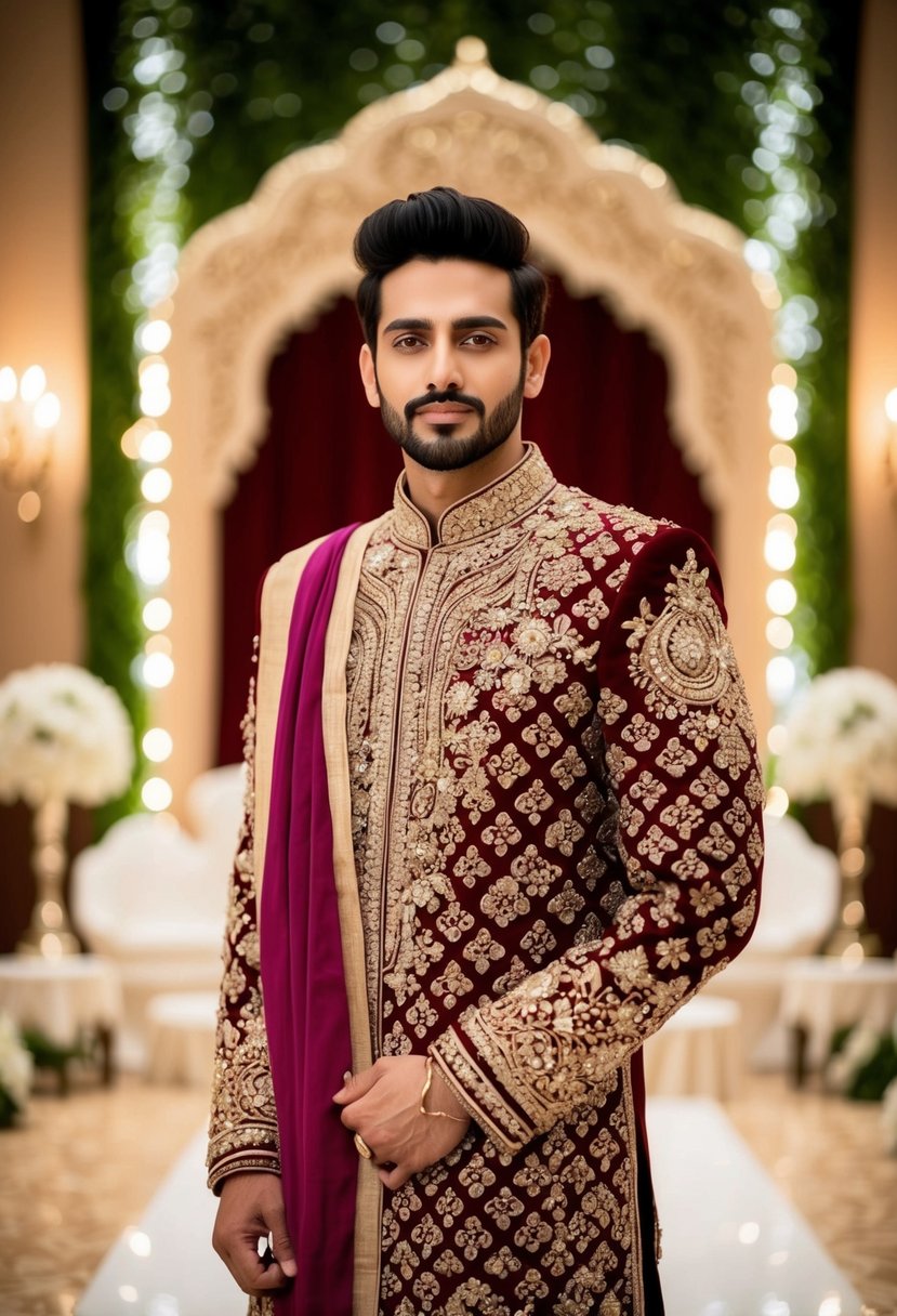 A man in a richly embroidered sherwani or kurta, adorned with intricate patterns and elegant embellishments, standing in front of a grand wedding backdrop