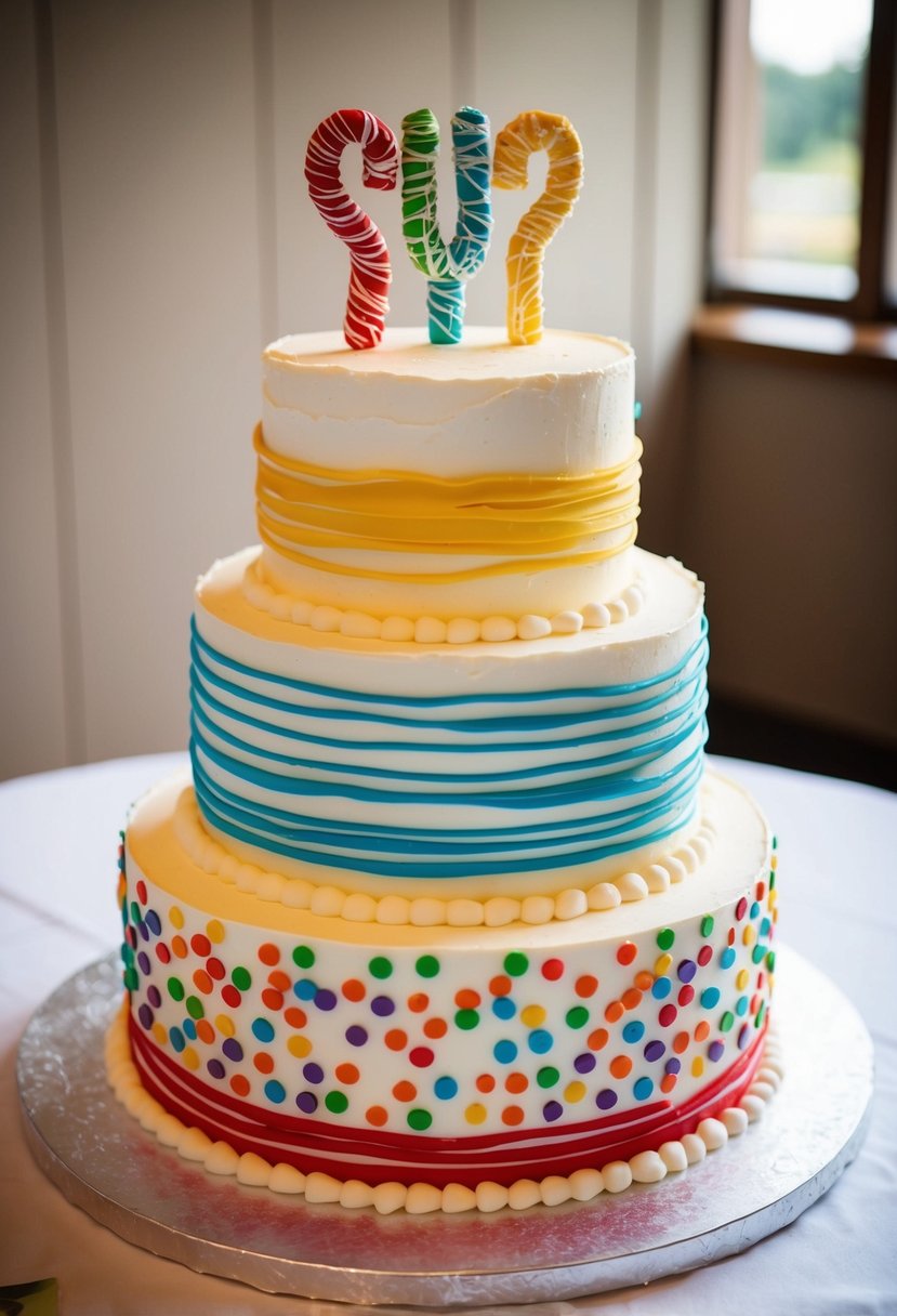 A three-tier wedding cake with colorful funfetti layers and playful decorations