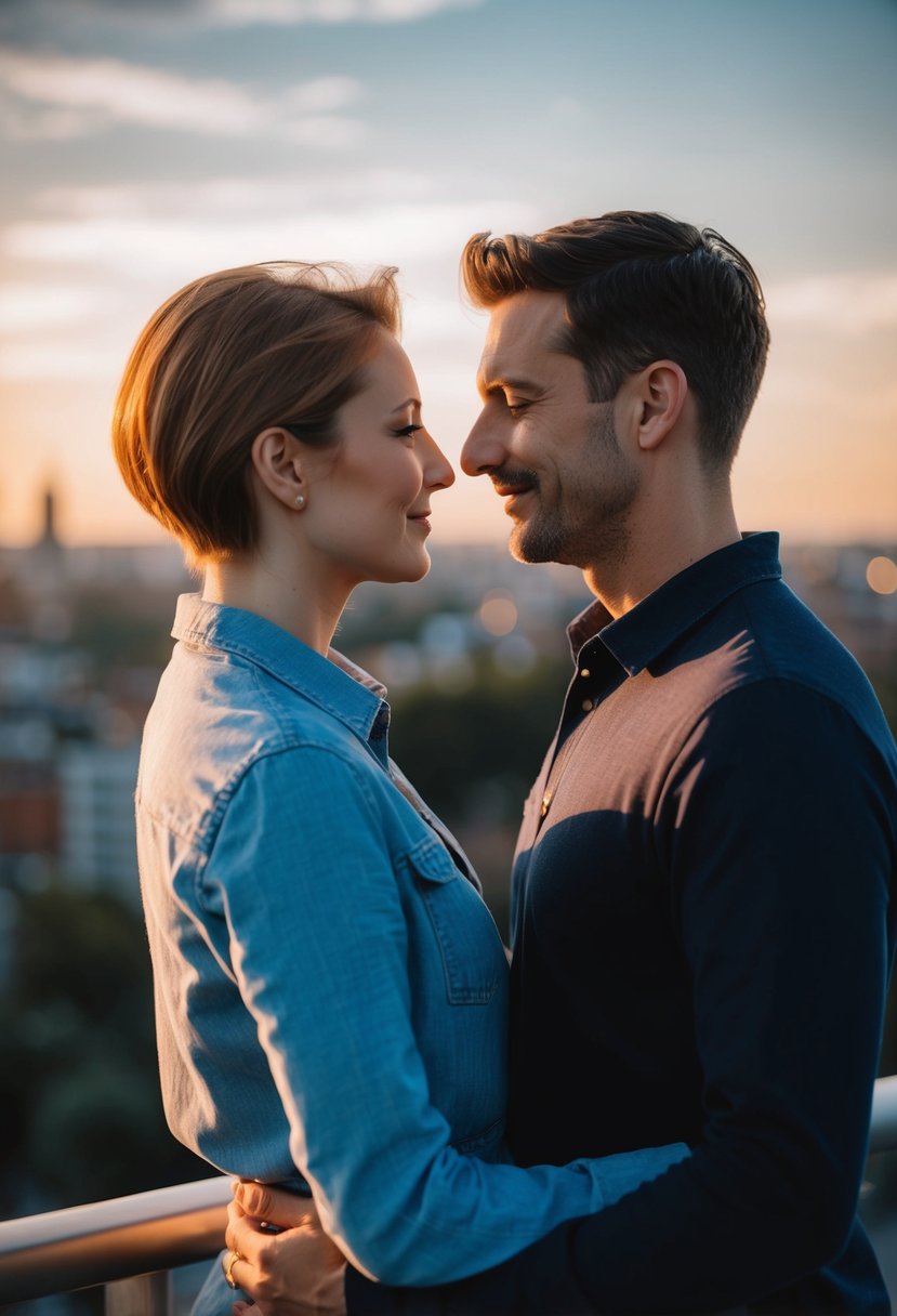 A couple standing close, facing each other, with relaxed and natural body postures