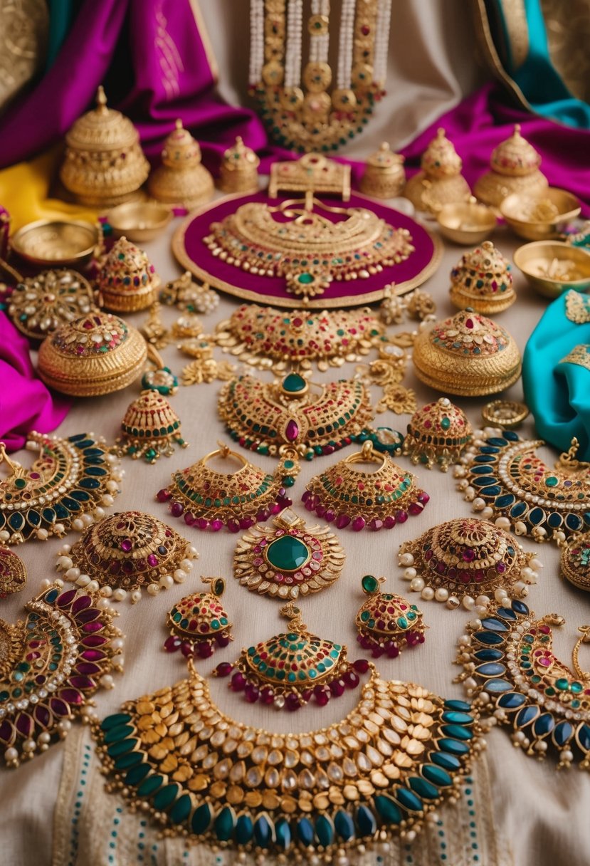 A colorful array of intricate, bold jewelry pieces arranged on a luxurious fabric background, evoking the opulence of an Indian wedding