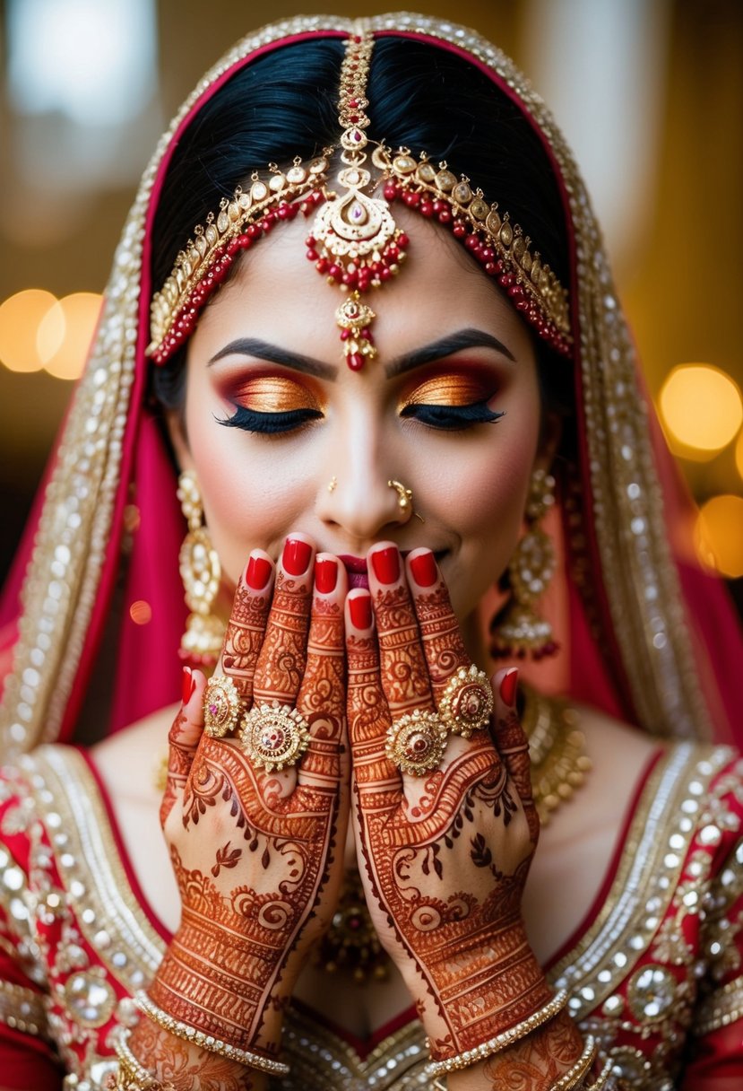 Vibrant henna designs on hands, bold red and gold eye makeup, and intricate bindi adornments on a stunning Indian bride