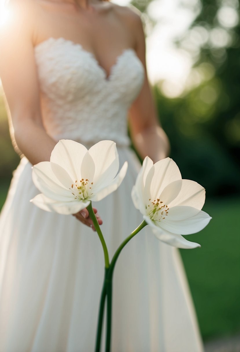 Two delicate flower stems gently touch, creating a graceful and elegant wedding pose