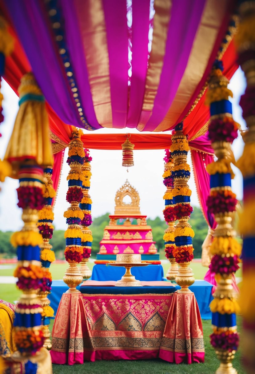 A vibrant Indian wedding mandap adorned with silk fabrics and traditional patterns