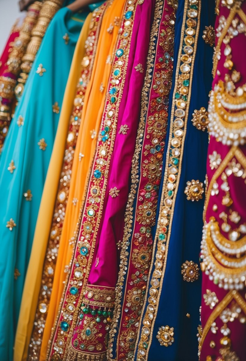 Colorful fabrics adorned with intricate embroidery and dazzling embellishments, creating a vibrant and opulent display for Indian wedding styling