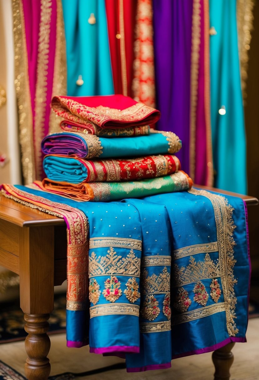 Colorful dupattas and scarves draped over a wooden table, with intricate embroidery and patterns, creating a traditional Indian wedding styling display