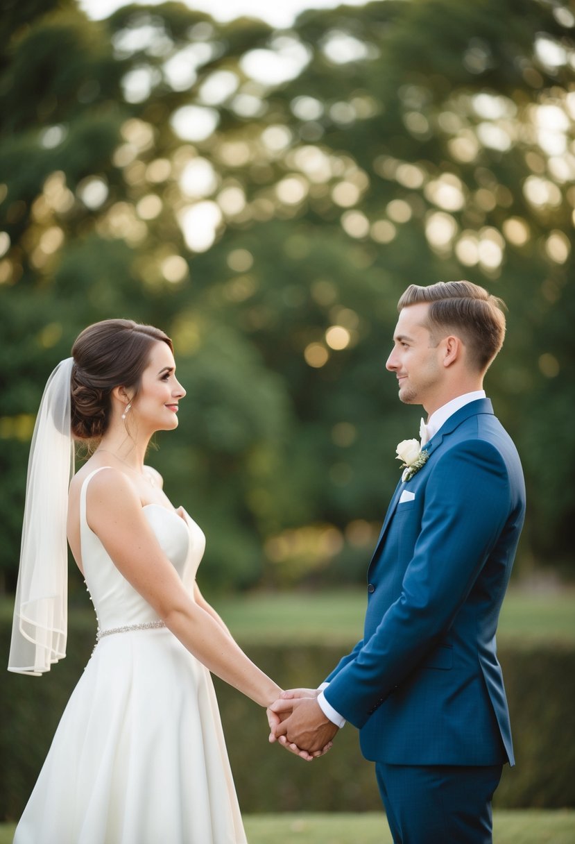 A bride and groom stand facing each other, holding hands with a serene expression