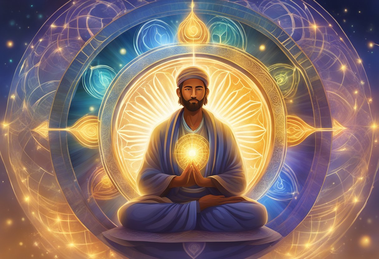 A radiant figure surrounded by light, emanating a sense of peace and understanding, with symbols of spiritual wisdom and insight floating around them
