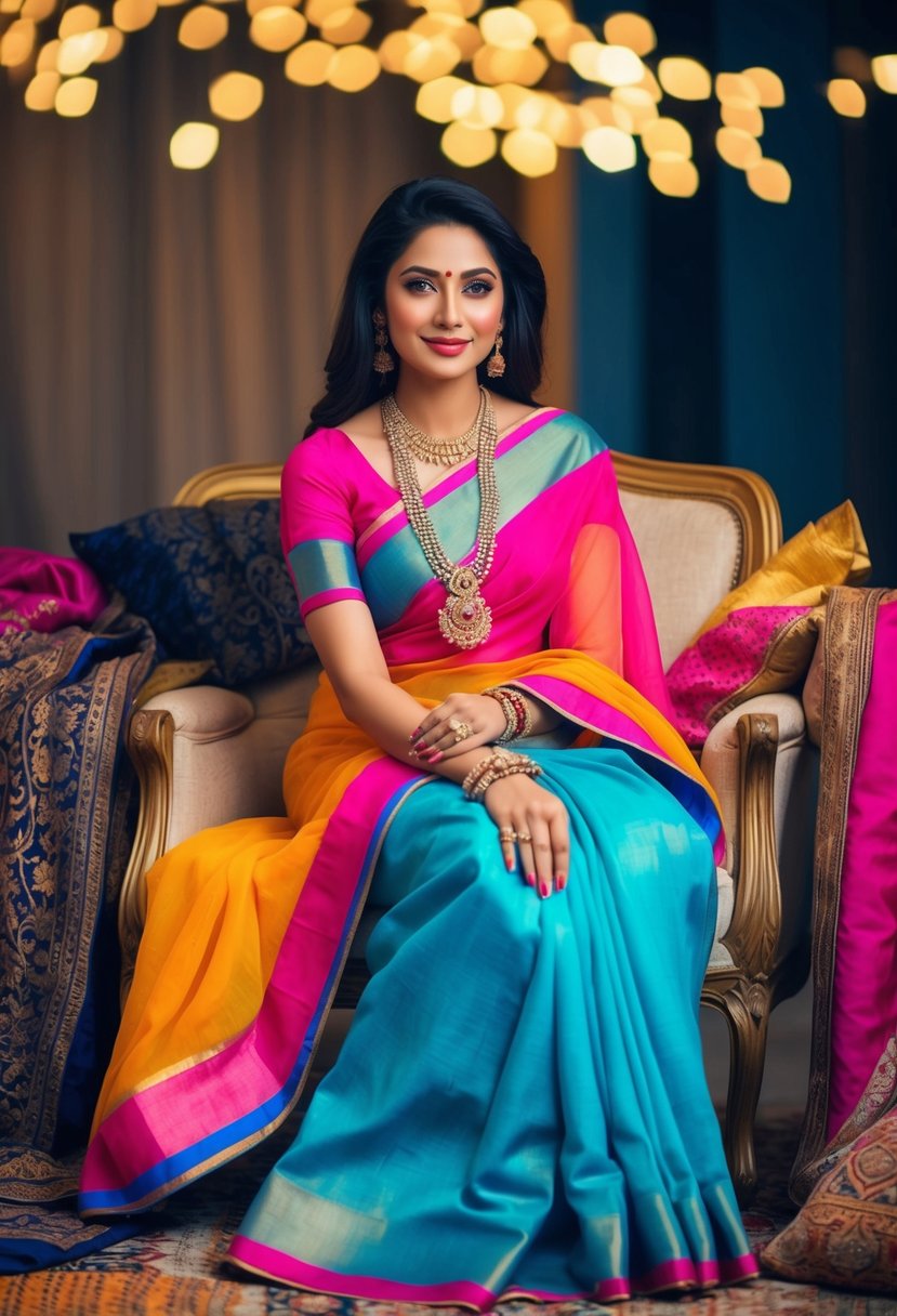 A woman in a flowing, vibrant sari sits comfortably, surrounded by luxurious fabrics and intricate jewelry, exuding confidence and elegance