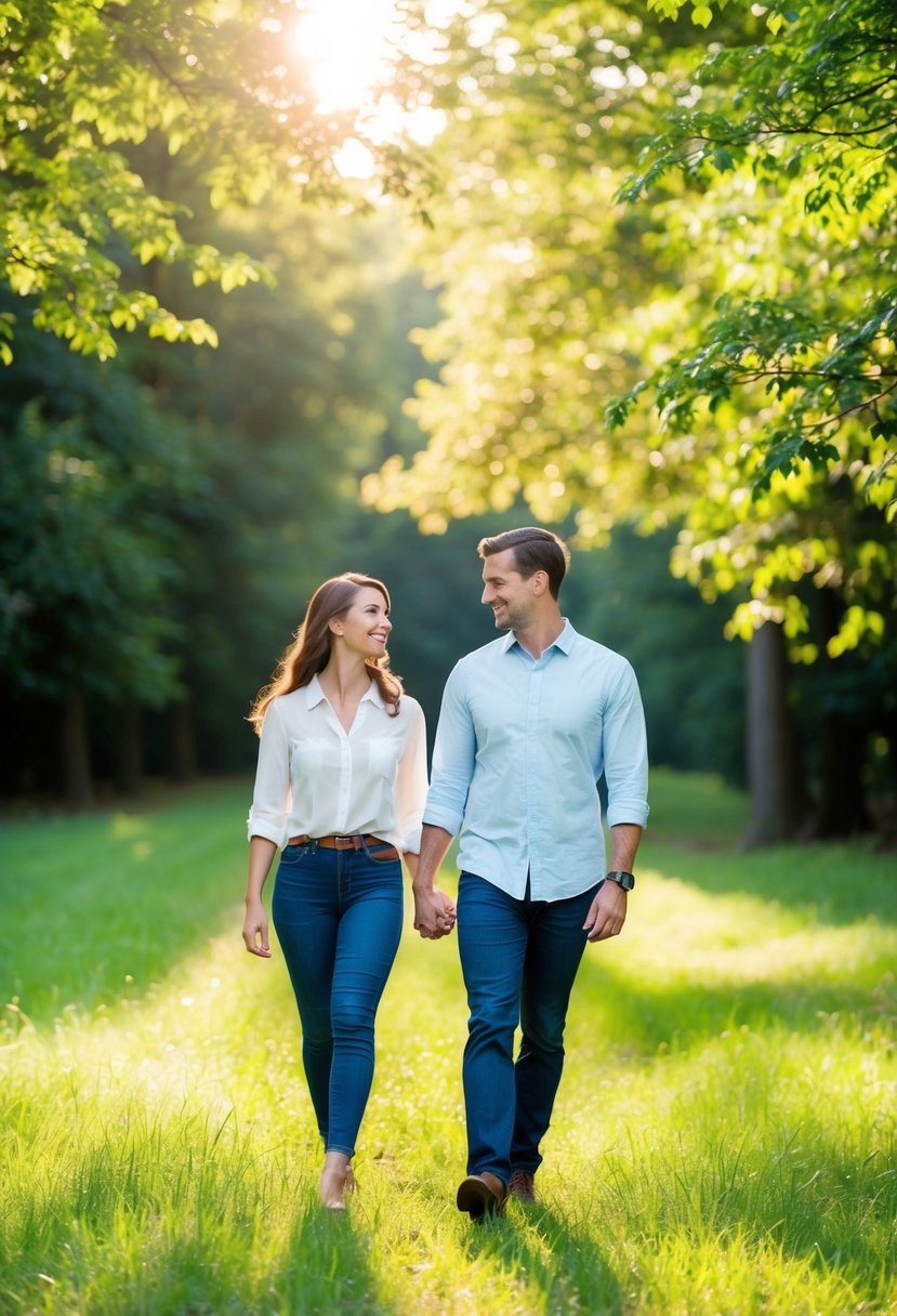 A couple strolling through a sun-dappled forest, holding hands and smiling at each other