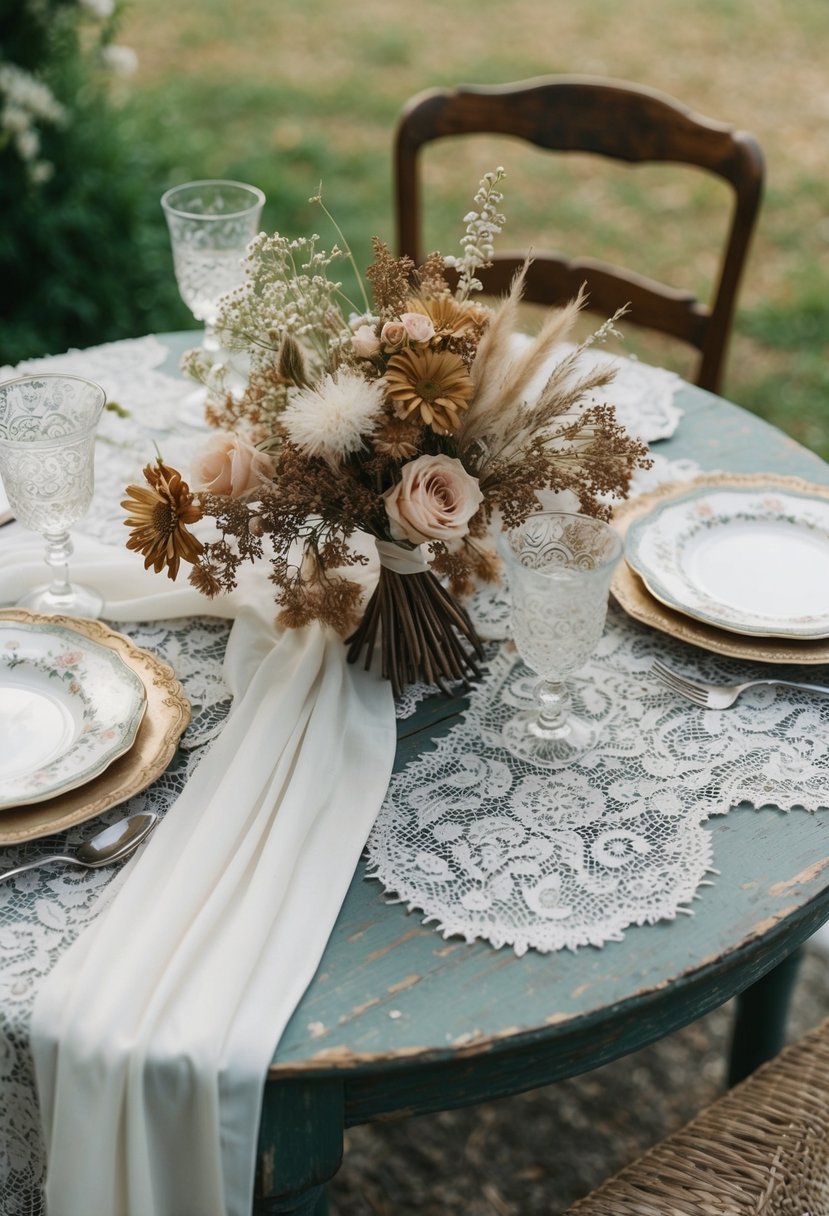 A vintage wedding scene with lace tablecloths, antique china, and a bouquet of dried flowers on a weathered wooden table