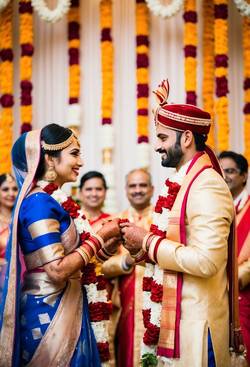 An Indian bride and groom in traditional attire exchange garlands at their wedding ceremony, surrounded by vibrant colors and intricate decorations