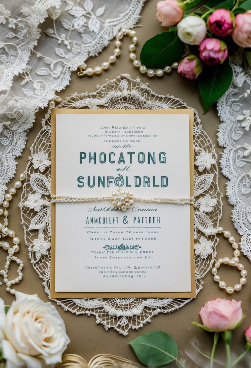 A vintage wedding invitation with retro font, surrounded by antique lace, pearls, and delicate floral patterns